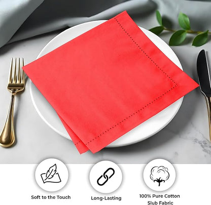 Urban Villa Cloth Napkins Hemstitch Solid Red100% Cotton Absorbent Dinner Napkins (Set of 6) 20x20 Inches Soft Durable Washable Reusable Ideal for Everyday Use Wedding Parties Cloth Dinner Napkins