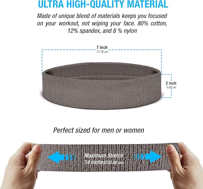 Suddora Workout Headband for Men and Women, Moisture-Wicking Athletic Sweatband, Lightweight Cotton Terry Cloth Bands for Basketball, Tennis, Football, Gym, Running, Cosplay & Costumes