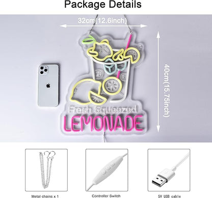 Lemonade Neon Sign, Neon Lights Hanging Wall Art Decoration for Restaturant Shop Food Truck Market Bakeries Café Celebration Home Decor, USB Powered Ultra Bright Dimmable,15.75 * 12.6inches