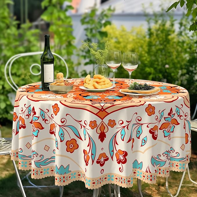 Eikione Bohemia Round Tablecloth 60inch,Table Cloth Waterproof and Wrinkle-Free, Boho Table Covers, Summer Decorations for Home