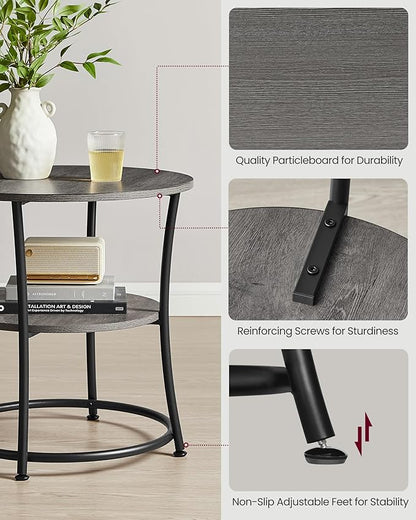 VASAGLE 21.7-Inch Round Side Table, 2-Tier End Table, Nightstand with Steel Frame, Spacious Top, for Small Spaces, Living Room, Bedroom, Misty Gray and Ink Black ULET056G68