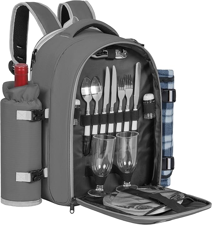 Picnic Backpack for 2 Persons with Insulated Leakproof Cooler Compartment, Cutlery Sets, Wine Holder, Fleece Blanket, Wedding Gifts for Couples, Perfect for Beach, Camping, Hiking, Grey