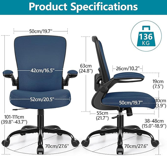FelixKing Office Chair, Ergonomic Desk Chair Breathable Mesh Chairs Adjustable High Back Lumbar Support Flip-up Armrests, Executive Rolling Swivel Comfy Computer Chairs Home Office Navy