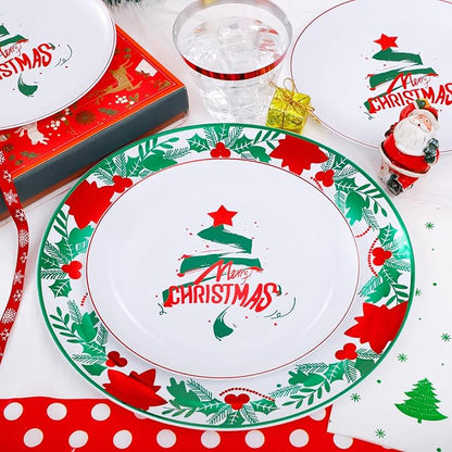 GATHER 176 Pieces Christmas Plastic Plates - Heavy Duty Christmas Disposable Dinnerware Set include 50 Plates, 75 Red Plastic Silverware, 25 Napkins, 25 Cups and 1 Tablecloth for Xmas Party