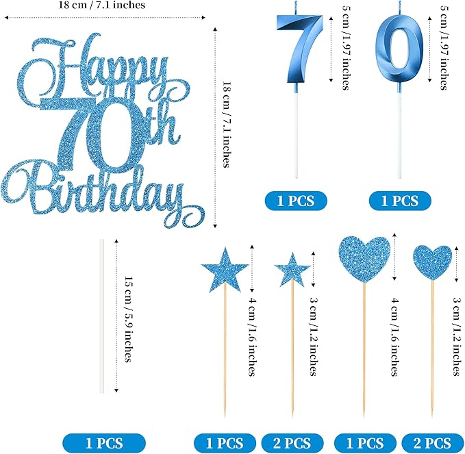 70th Birthday Cake Decorations, 70th Birthday Candles Cake Numeral Candles and Glitter Happy 70th Birthday Cake Toppers Set for Birthday Party Supplies (Blue)