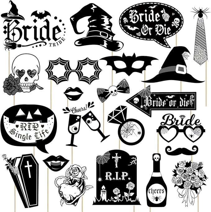 22 PCS Bride Or Die Photo Booth Props- Gothic Bachelorette Decorations for Women Girls, Bridal Shower Engagement Wedding Decorations Rip Single Life for Till Death Do Us Party Supplies