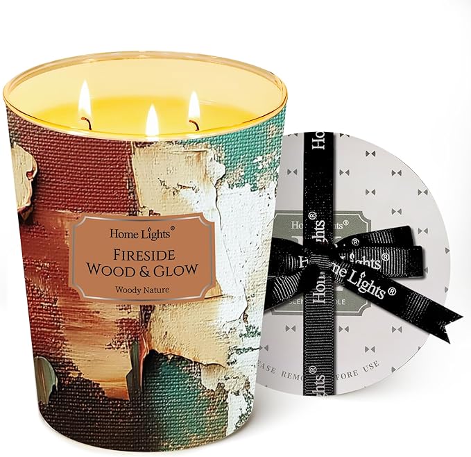 HomeLights 3-Wick Candles for Home Scented - 34oz Soy Wax Blend Candle Long-Lasting Fragrance, Industrial Chic Home Decor and Housewarming Gifts, Fireside Wood & Glow