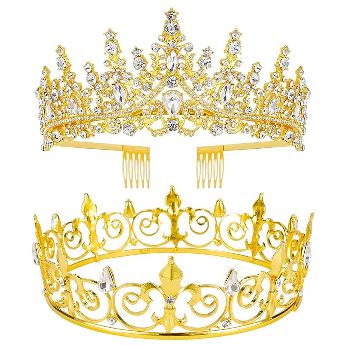 VELSCRUN 2 Pcs Crown for Men Women, Crowns for Men Metal, Gold King Queen Crown Tiaras for Women, Prince Crown Princess Tiaras for Girls, Birthday Prom Wedding Halloween Party Hair Accessories B