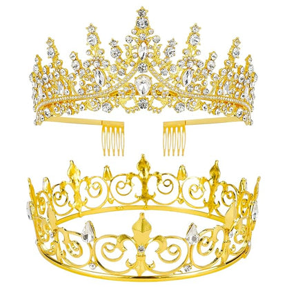 VELSCRUN 2 Pcs Crown for Men Women, Crowns for Men Metal, Gold King Queen Crown Tiaras for Women, Prince Crown Princess Tiaras for Girls, Birthday Prom Wedding Halloween Party Hair Accessories B