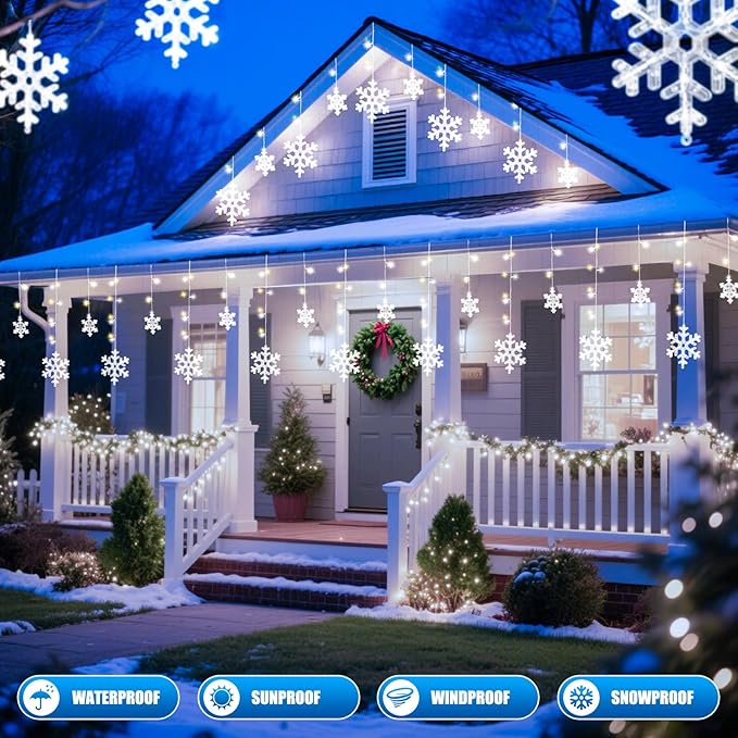 Minetom 2 Pack 13 ft 192 LED Snowflake Lights, Christmas Icicle Lights with 16 Drops, 12 Modes and Timer, IP65 Waterproof Connectable Christmas Light for House Window Indoor Outdoor, White