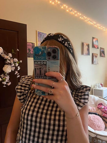 Cute Knotted Headbands for Women, Trendy Bows and Pearl Wide Head Band Non Slip Hairhoop, Thick Elastic Hairband for Womens Hair Black Hair Accessories