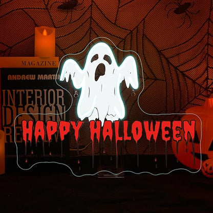 Horseneon Happy Halloween Neon Sign Bright LED Wall Decoration for Bars or Clubs USB Power Adjustable Brightness Ghost Neon Signs for Halloween