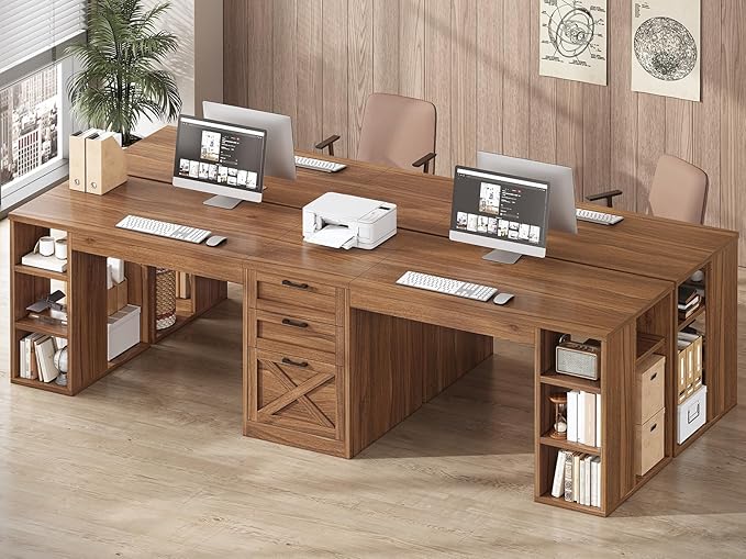 SEDETA Farmhouse 96.5" Computer Desk with Drawers, 2 Person Home Office Desk, Gaming Double Desk with Storage Shelves, Long Two Person Writing Desk, Brown