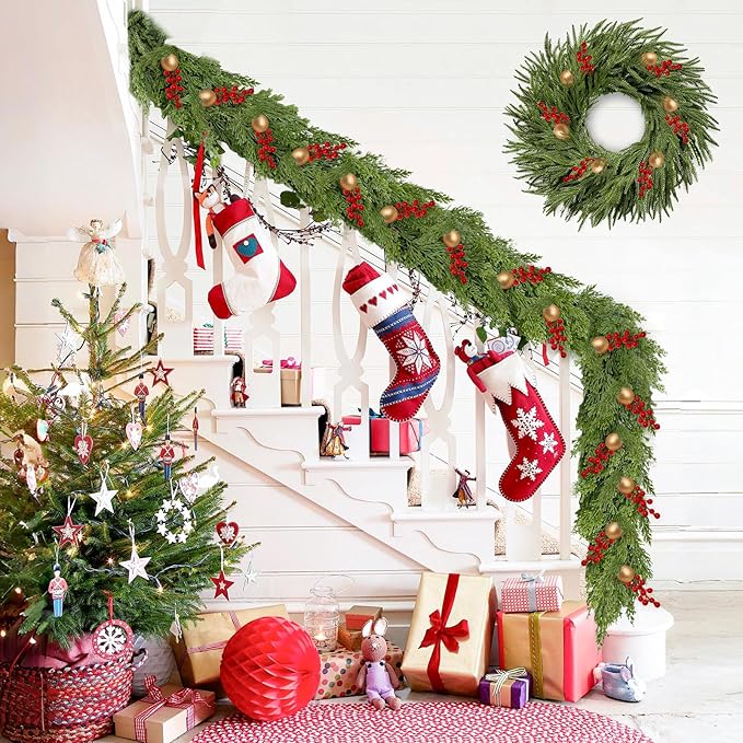 6FT Christmas Cedar Garland,Realistic Soft Faux Cedar Garlands,Thickness Pine Garland for Home Fireplace Mantle Table，Indoor Outdoor Christmas Decorations