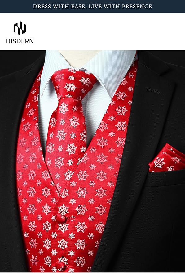 HISDERN Men's Suit Vest Christmas Holiday Season Party Jacquard Waistcoats Necktie Pocket Square Vest Suit Set