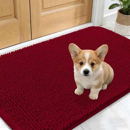 OLANLY Dog Door Mat for Muddy Paws 30x17, Absorbs Moisture and Dirt, Absorbent Non-Slip Washable Doormat, Quick Dry Chenille Mud Mat for Dogs, Entry Indoor Entryway Carpet for Inside Floor, Red