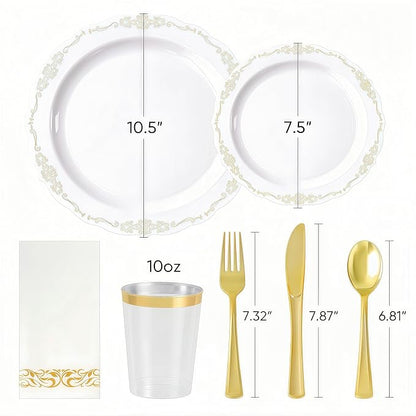 175 PCS White and Gold Disposable Plates, Elegant Dinnerware Set for 25 Guests, 50 Plastic Plates, 75 Silverware, 25 Cups & 25 Paper Napkins, White and Gold