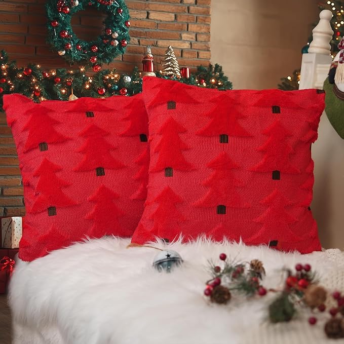 GEEORY Christmas Pillow Covers 18x18 Inch Set of 2, Christmas Decorations Xmas Tree Soft Plush Fluffy Faux Fur Decorative Throw Pillows Rustic Winter Decor Cushion Case Red Brown GC035-18