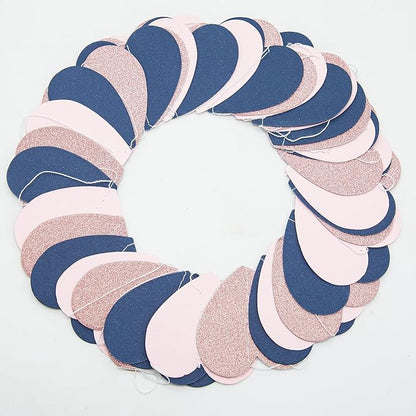 Navy-Blue Pink Rose-Gold Party Decorations - 52Ft Paper Heart Garland Streamers for Baby Shower, Gender Reveal, Birthday, Engagement, Bachelorette, Wedding
