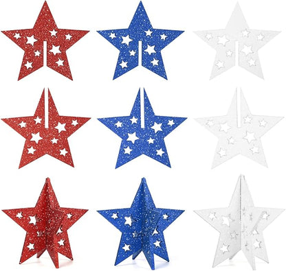 COCHIE 6 Inch Labor Day Decorations Wooden Stars Set, 3D Glitter Star Memorial Day Tiered Tray Decor, 4th of July Red White Blue Patriotic Decoration for Home Table Desk Door Shelf (Cutout, Set of 3)