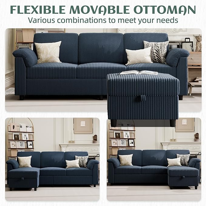 Vongrasig 79" Convertible Sectional Couches Sofa with Storage Ottoman, 3 Seat L Shaped Couch with Side Storage Pockage, Small Couches for Living Room, Apartment and Small Space, Dark Blue