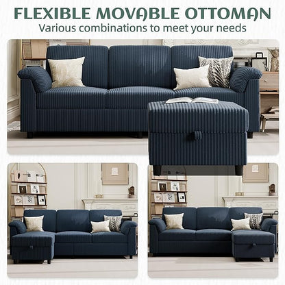 Vongrasig Convertible Sectional Sofa Couch, 3 Seat L Shaped Sofa with Removable Pillows Soft Corduroy Fabric Small Couch Mid Century for Living Room, Apartment and Office (Blue)