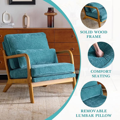 Karl home Mid Century Modern Accent Chair with Lumbar Pillow & Oak Arms – Plush Chenille Living Room Chair for Bedroom, Lounge (Teal)