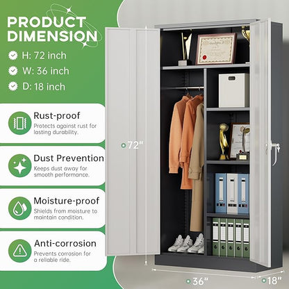 INTERGREAT Metal Wardrobe Closet, 72" Locking Storage Wardrobe Cabinet with White Doors and Shelves, 18 "D x 36" W Steel Clothes Storage for Office, Home, School, Gym (White Grey)