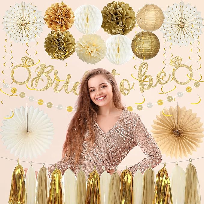 Roetyce Bachelorette Party Decorations, Gold Glitter Bride to Be Banner Paper Fans Pompoms Kit, Women Bridal Shower Party Supplies, Wedding Paper Lanterns Streamers Garland Photo Backdrop Background