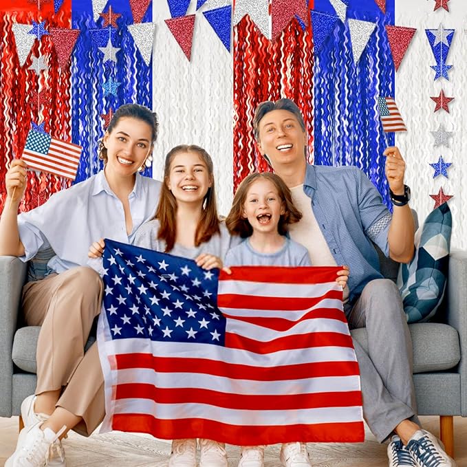 4 Pack White Blue Red Fringe Curtain Backdrop 3.2Ft x 8.2Ft Metallic Tinsel Foil Fringe Streamers Background for Photo Booth Mother's Day, Easter, Carnival, Birthday, Wedding Party Decoration