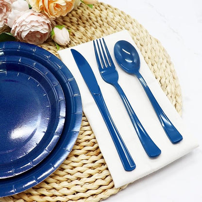 150 Pack Blue Plastic Silverware, Navy Blue Plastic Utensils Heavy Duty, 50 Forks, 50 Knives, 50 for Birthday, Graduation, Baby Shower