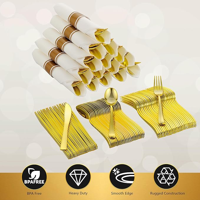 Noemie 100 Pack Pre Rolled Gold Hard Plastic Silverware Set,Wrapped Disposable Cutlery Set for Wedding Birthday Party with 100 Forks,Spoons,Knives,Napkins,Heavy Duty Utensils Flatware Set