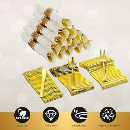 Noemie 100 Pack Pre Rolled Gold Hard Plastic Silverware Set,Wrapped Disposable Cutlery Set for Wedding Birthday Party with 100 Forks,Spoons,Knives,Napkins,Heavy Duty Utensils Flatware Set