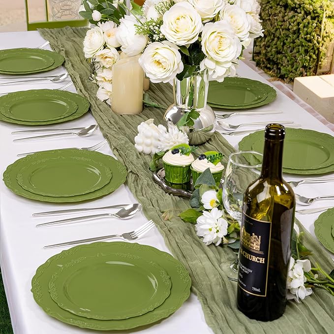 U-QE 100PCS Olive Green Plastic Plates - Plastic Green Plates Disposable Heavy Duty - Olive Disposable Plates for Party Including 50PCS 10'' Dinner & 50PCS 7.5'' Dessert