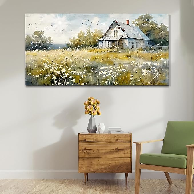 FUHAIHUA Canvas Wall Art For Living Room Large Wall Decor For Office Bedroom Wall Decoration Rural Landscape Paintings Farmhouse Watercolor Pictures Artwork Hotel Room Aesthetic Home Decor 24x48 In