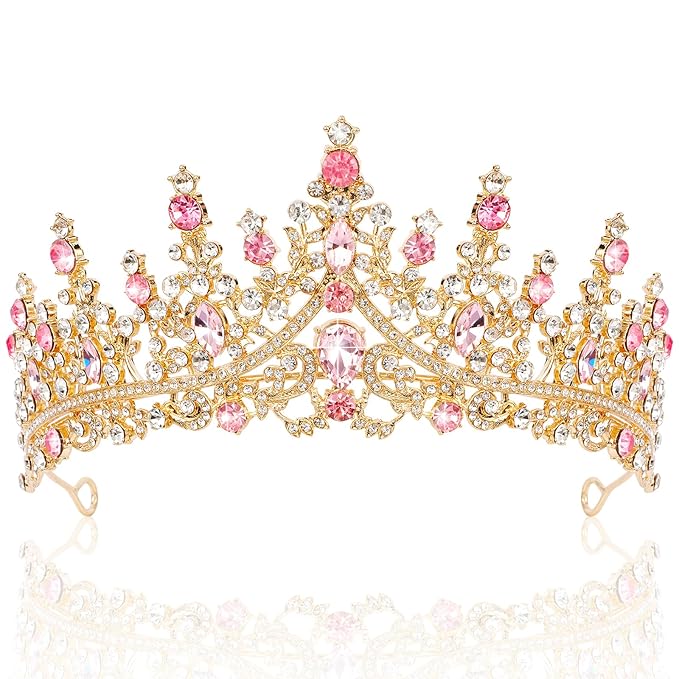 TOBATOBA Gold Pink Crown, Wedding Tiaras and Crowns for Women, Coronas Para Ramos Buchones De Flores, Queen Crown Royal Princess Quinceanera Headpieces for Birthday Prom Pageant Halloween Cosplay