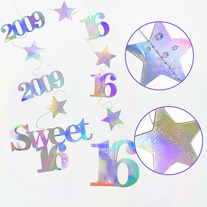12PCS Iridescent 16th Birthday Decorations Number 16 and 2009 Star Garland Hanging Streamer Banner Backdrop for Girls Boys Cheers to 16 Years Birthday Made in 2009 Sweet Sixteen Party Decor Supplies