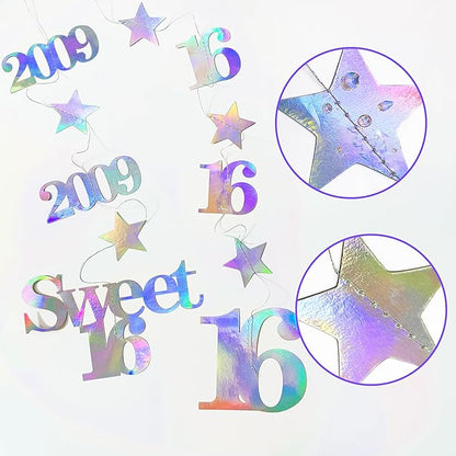 12PCS Iridescent 16th Birthday Decorations Number 16 and 2009 Star Garland Hanging Streamer Banner Backdrop for Girls Boys Cheers to 16 Years Birthday Made in 2009 Sweet Sixteen Party Decor Supplies