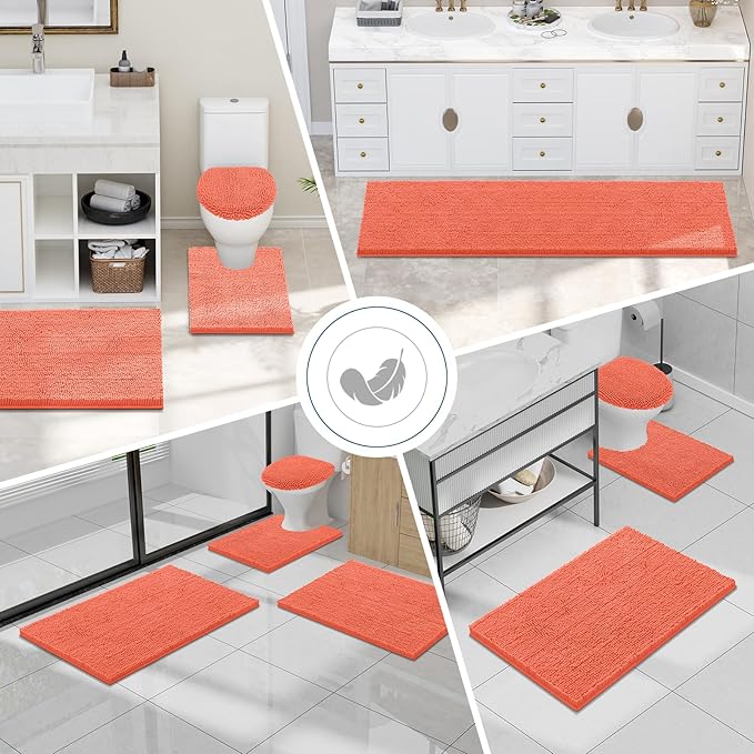 Smiry Luxury Chenille Bathroom Rugs 59x20, Extra Soft and Absorbent Shaggy Bath Mat, Machine Washable, Non-Slip Plush Carpet Runner for Tub, Shower, and Floor, Home Decor Accessories, Coral