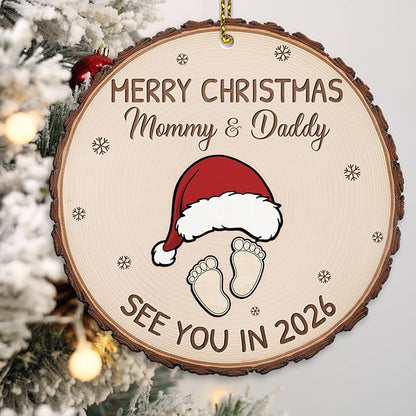 Baby Expecting See You in 2026, Merry Christmas Mommy and Daddy 2 Layered Wooden Ornament, Baby Coming Soon, Pregnancy Announcement Ornament