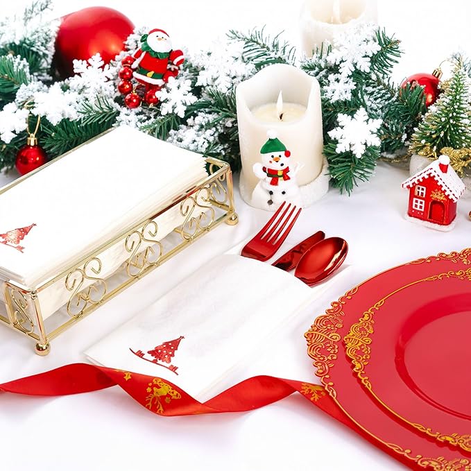 100PCS Christmas Paper Napkins - Red Christmas Tree Napkin with Built-in Flatware Pocket Prefolded Cloth-Like - Heavy-duty Linen-Feel Dinner Napkins Disposable for Xmas Events Tableware Decor