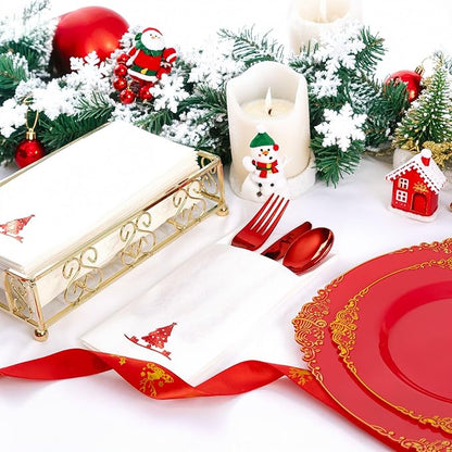 100PCS Christmas Paper Napkins - Red Christmas Tree Napkin with Built-in Flatware Pocket Prefolded Cloth-Like - Heavy-duty Linen-Feel Dinner Napkins Disposable for Xmas Events Tableware Decor