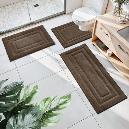 HOMEIDEAS Bathroom Rugs Sets 3 Piece, Microfiber Shaggy Bath Mat Set, Non-Slip Ultra Soft Carpet Mats, Large Rugs with U-Shaped Toilet for Bathroom, Tub, Shower, Brown
