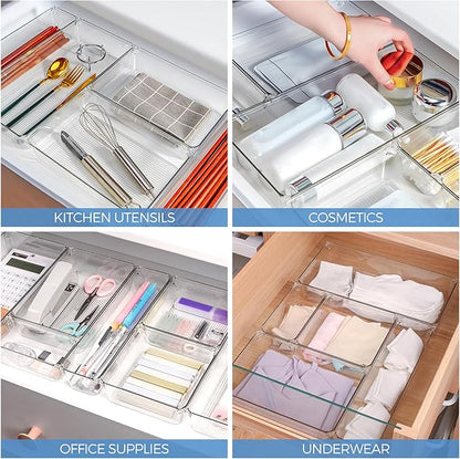 Ravinte 6 Pack Drawer Organizer - 3" X 9" Plastic Storage Bins, Acrylic Organizers with Non-Slip Pads Clear Desk Storage Tray for Makeup, Jewelries, Kitchen Utensils, Bathroom and Office