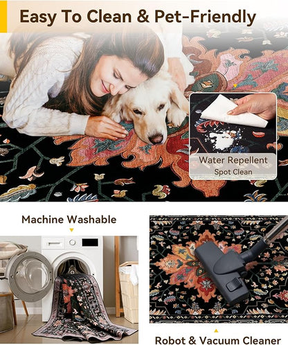 Area Rugs 2'x9' Runner Rug Non Slip Washable for Kitchen Hallway Bedroom Beside Laundry Room Bathroom Rug, Floor Carpet, Black Colorful Floral Dark Tan