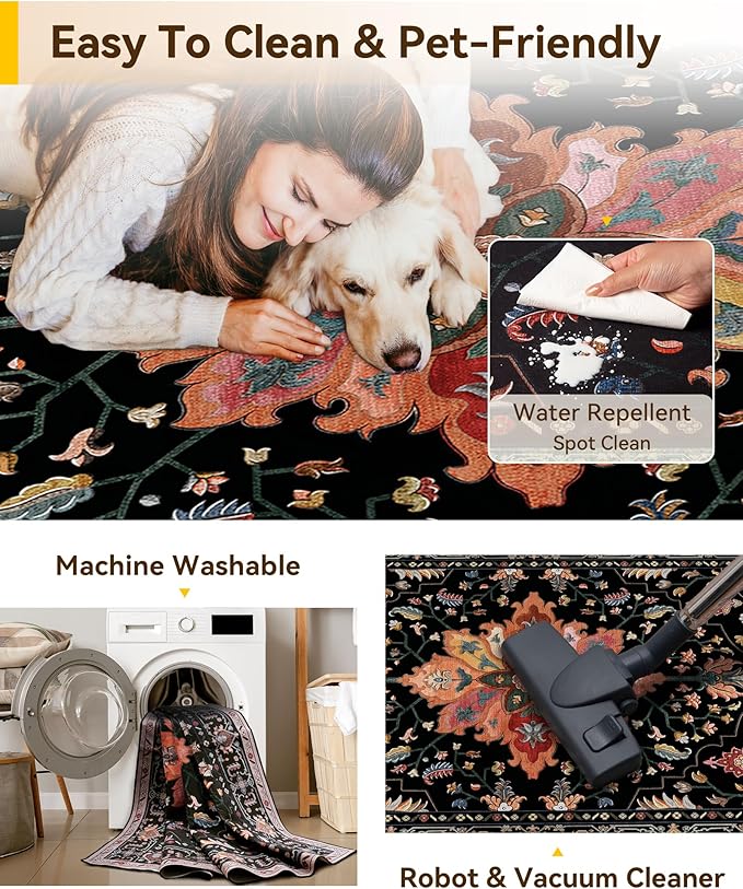 Area Rugs 2'x4' Kitchen Rugs Entry Rug Small Rugs for Entryway Kitchen Bathroom Door Mat Indoor Entrance,Washable Non Slip, Black Colorful Floral Dark Tan