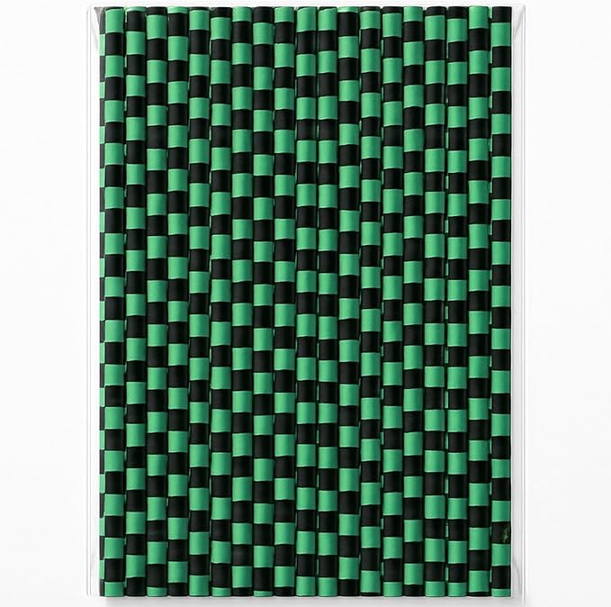 100 Black and Green Checkered Straws - Disposable Paper 7.75 Inch Straws for Demon Anime Themed Party - Party On Tap