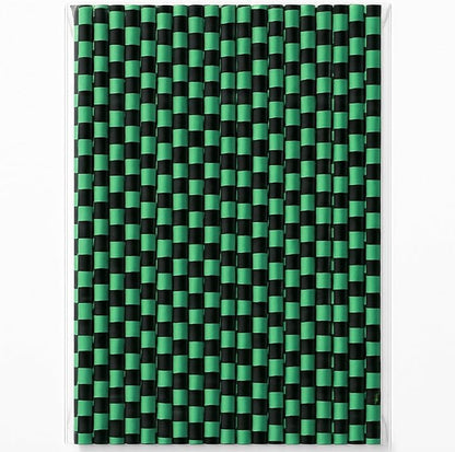 100 Black and Green Checkered Straws - Disposable Paper 7.75 Inch Straws for Demon Anime Themed Party - Party On Tap