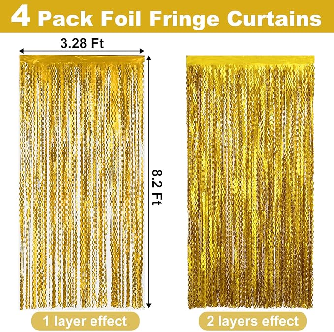 4 Pack Gold Fringe Curtain Backdrop 3.2Ft x 8.2Ft Metallic Tinsel Foil Fringe Streamers Background for Photo Booth Mother's Day, Easter, Carnival, Birthday, Wedding Party Decoration