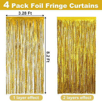 4 Pack Gold Fringe Curtain Backdrop 3.2Ft x 8.2Ft Metallic Tinsel Foil Fringe Streamers Background for Photo Booth Mother's Day, Easter, Carnival, Birthday, Wedding Party Decoration